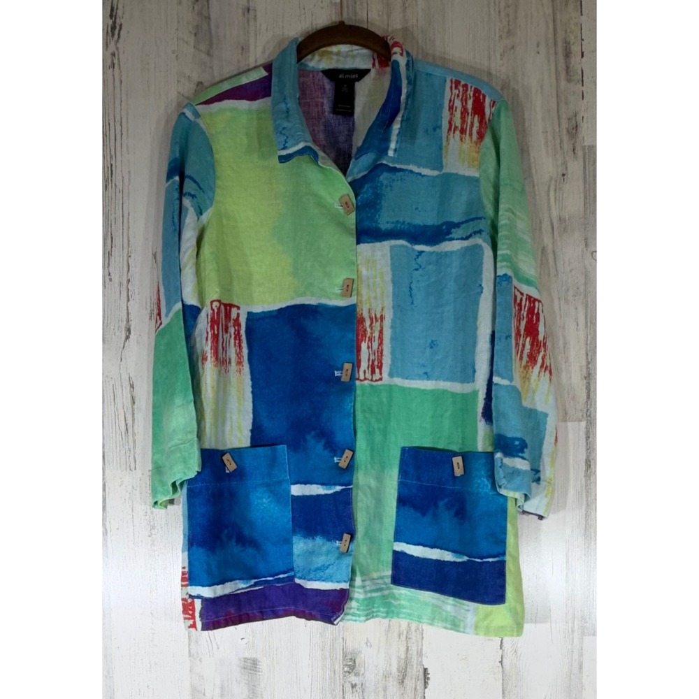 Ali Miles Linen Button Front Tunic Medium Multicolor Abstract Art to Wear Artsy